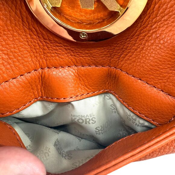 MICHAEL KORS Fulton Large Hobo Bag Orange Pebble Leather Purse Gold Plated Logo - Picture 10 of 15